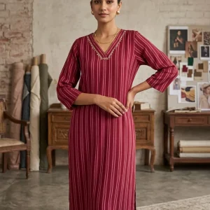 Women's Maroon Striped Premium Rayon Kurti – White Hand Embroidery V-Neck, Straight Fit